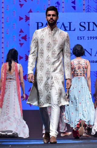 Reyhan cream printed sherwani and churidar