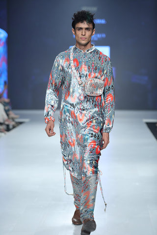 Aziz blue printed velvet kurta and churidar