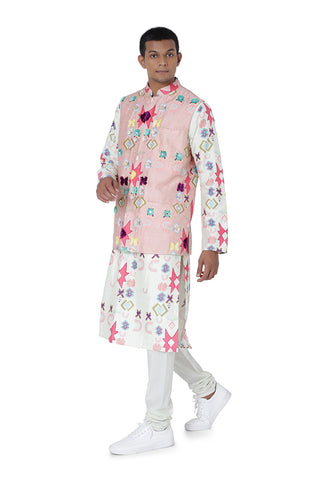 Pink printed bandi and white kurta set