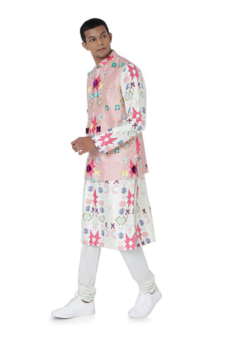 Pink printed bandi and white kurta set