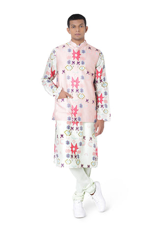 Pink printed dupion silk bandi and kurta set