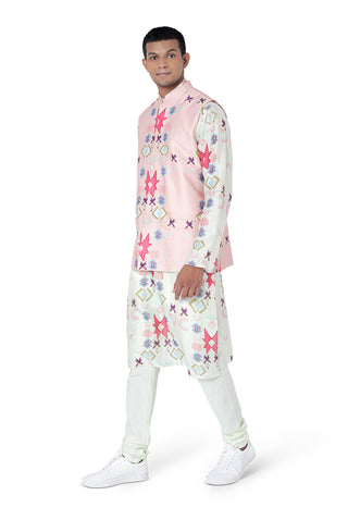 Pink printed dupion silk bandi and kurta set