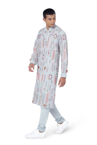 Pale blue chanderi stripe kurta and churidar