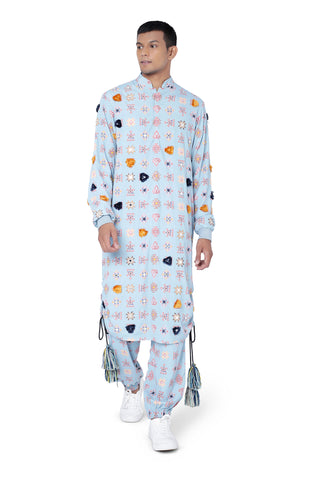 Blue printed art crepe kurta and jogger pant