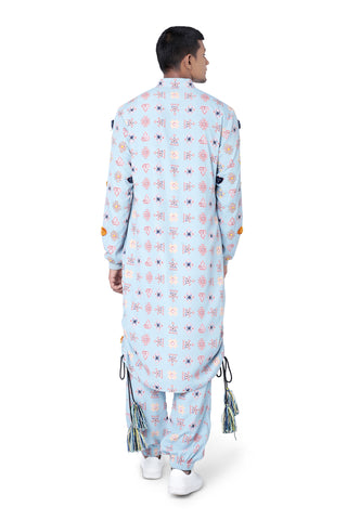 Blue printed art crepe kurta and jogger pant