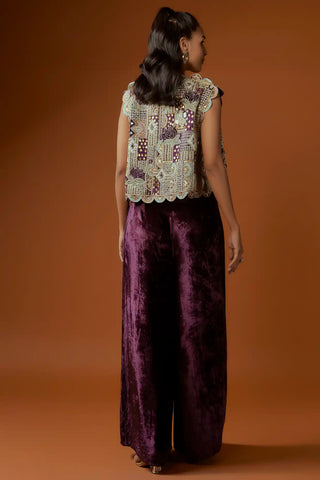 Purple embroidered jacket with bustier and velvet palazzo