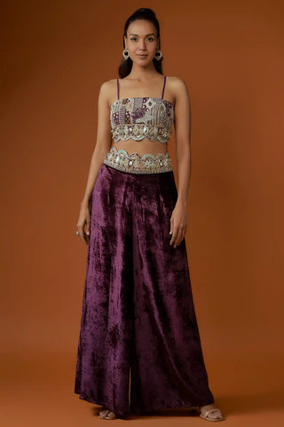 Purple embroidered jacket with bustier and velvet palazzo