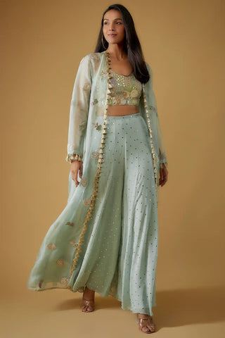 Powder blue embroidered bustier, jacket and sharara