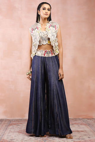 Stone embroidered jacket, bustier and denim sharara