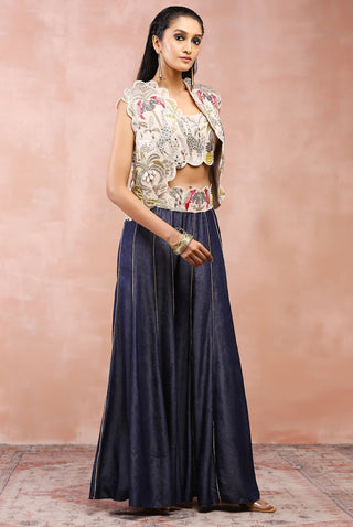 Stone embroidered jacket, bustier and denim sharara