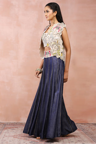 Stone embroidered jacket, bustier and denim sharara