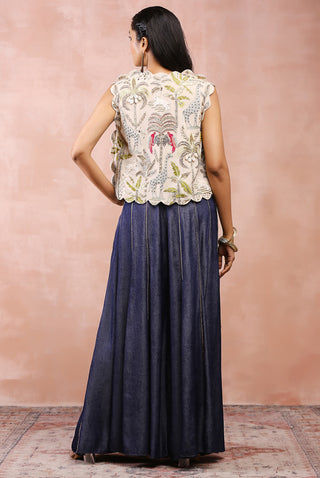 Stone embroidered jacket, bustier and denim sharara