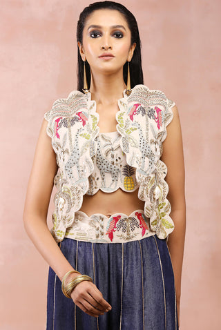 Stone embroidered jacket, bustier and denim sharara