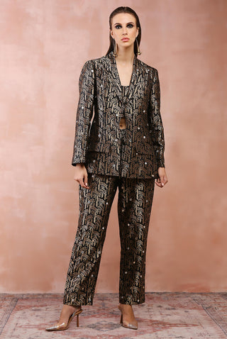 Black brocade blazer, bustier and pant