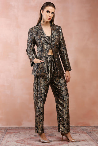 Black brocade blazer, bustier and pant