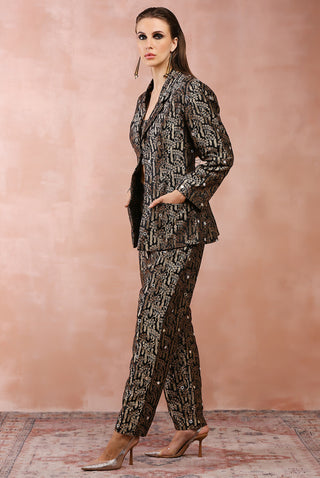 Black brocade blazer, bustier and pant