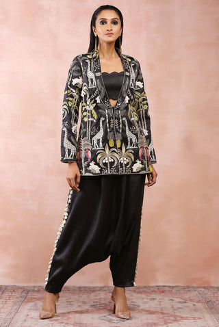 Black embroidered jacket, bustier and low crotch pant