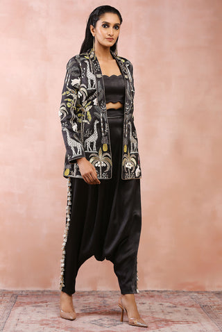 Black embroidered jacket, bustier and low crotch pant