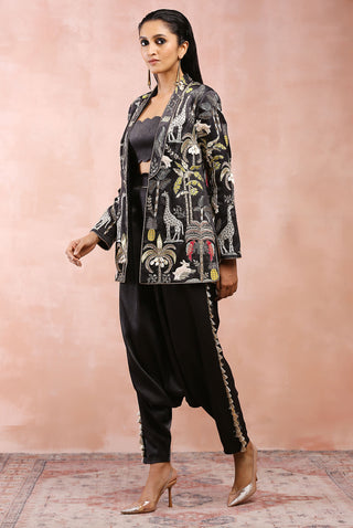 Black embroidered jacket, bustier and low crotch pant