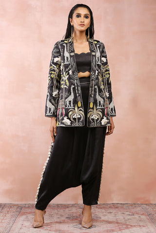 Black embroidered jacket, bustier and low crotch pant