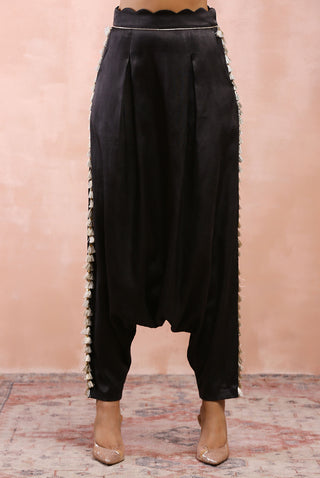 Black embroidered jacket, bustier and low crotch pant