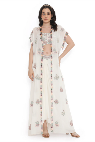 Ivory embroidered georgette bustier with jacket and dhoti skirt