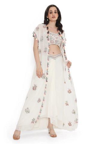 Ivory embroidered georgette bustier with jacket and dhoti skirt