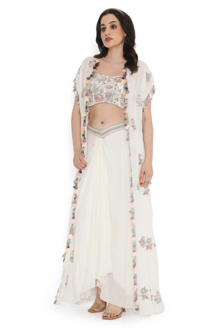 Ivory embroidered georgette bustier with jacket and dhoti skirt