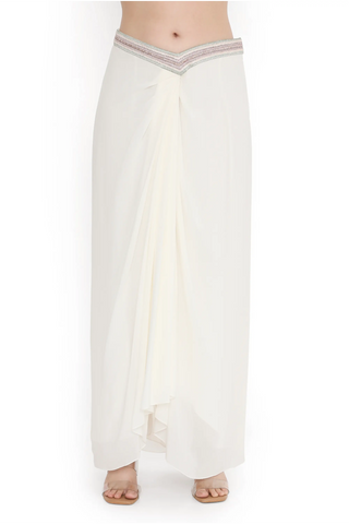 Ivory embroidered georgette bustier with jacket and dhoti skirt