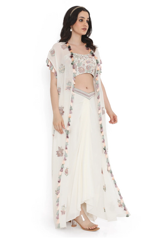 Ivory embroidered georgette bustier with jacket and dhoti skirt