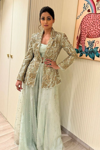 Mint green embroidered blazer and bustier with sharara