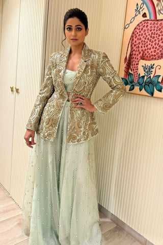 Mint green embroidered blazer and bustier with sharara