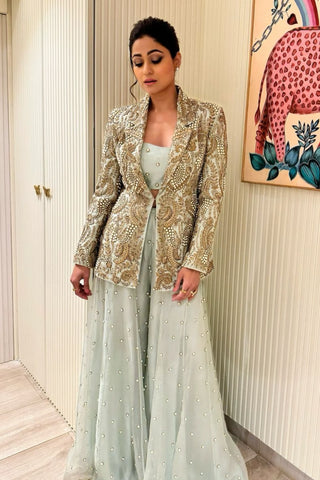 Mint green embroidered blazer and bustier with sharara