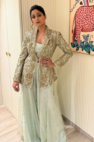 Mint green embroidered blazer and bustier with sharara