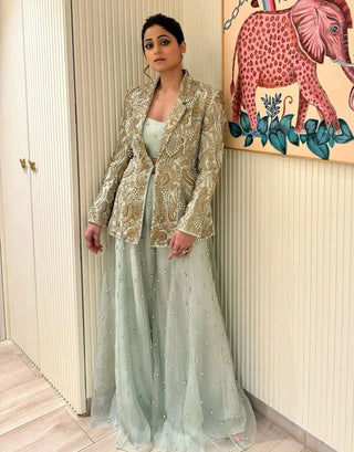 Mint green embroidered blazer and bustier with sharara