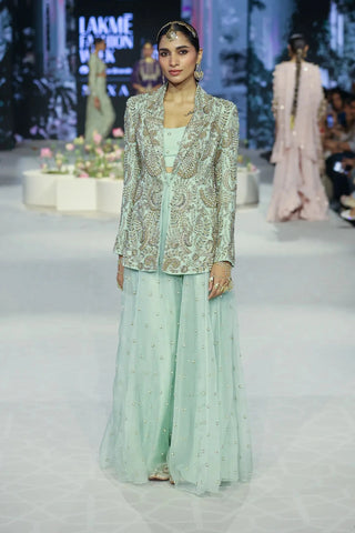 Mint green embroidered blazer and bustier with sharara