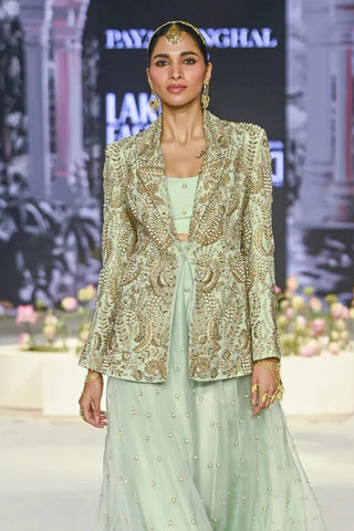 Mint green embroidered blazer and bustier with sharara