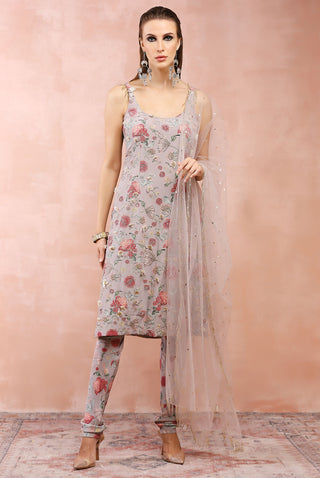 Gray gulbagh print embroidered kurta set