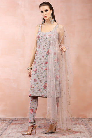 Gray gulbagh print embroidered kurta set