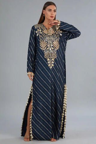 Navy blue dola silk embroidered long kaftan