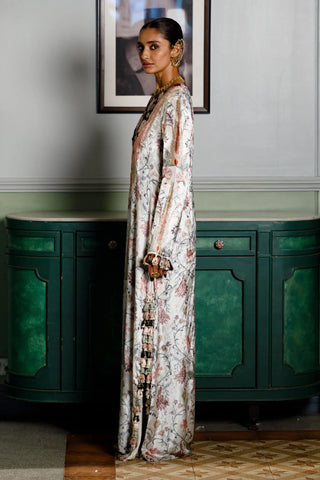 Off white ochre printed embroidered kaftan