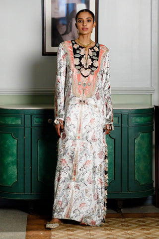 Off white ochre printed embroidered kaftan