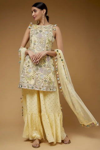 Pale yellow embroidered kurta and sharara set