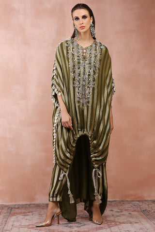 Olive embroidered high low kaftan and jogger pant