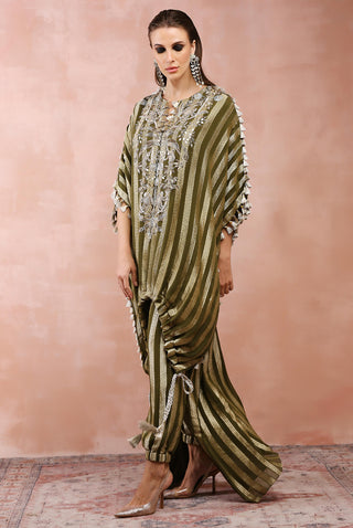 Olive embroidered high low kaftan and jogger pant