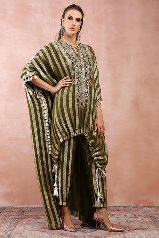 Olive embroidered high low kaftan and jogger pant