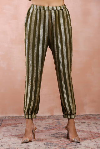 Olive embroidered high low kaftan and jogger pant