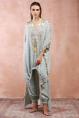 Powder blue embroidered high low kurta and jogger pant