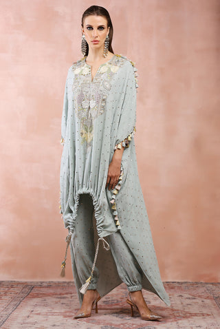 Powder blue embroidered high low kurta and jogger pant