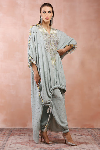 Powder blue embroidered high low kurta and jogger pant